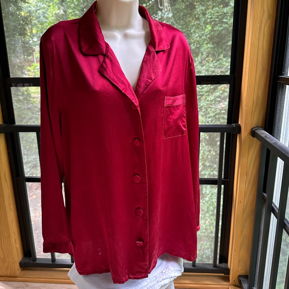 Dark Red Silk Long Sleeve Blouse Nightshirt Festive Party Rodeo ~ L (12) - Picture 4 of 14